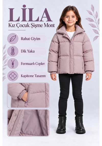 Ahengim Bej Lila Kız Çocuk Şişme Mont Dik Yaka Fermuarlı Cepli Peluş Astarlı Ak4304 LİLA