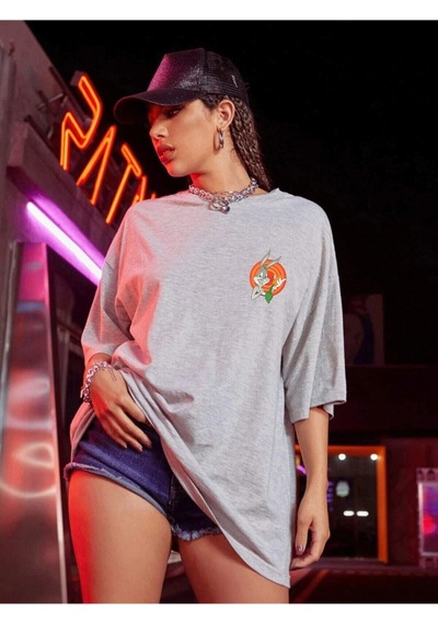 Flood Of Style Kadın Bugs Bunny Logo Baskılı Oversize T-shirt Gri