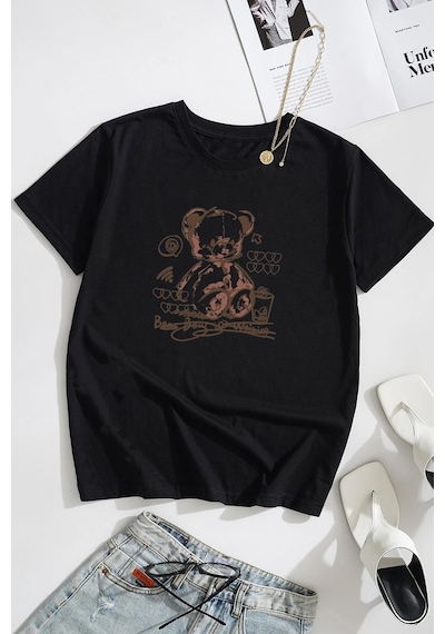 Unisex Bear Bear Baskılı Tasarım Tshirt Siyah