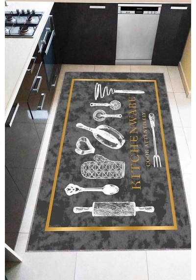 Füme Kaymaz Tabanlı Merdane Desenli Mutfak Halısı Ar1276n11