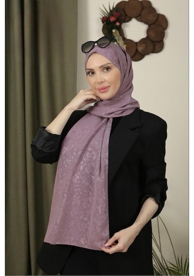 Flora Tekstil Çiçekli Desen İnce Medine İpeği Jakar Şal Lila