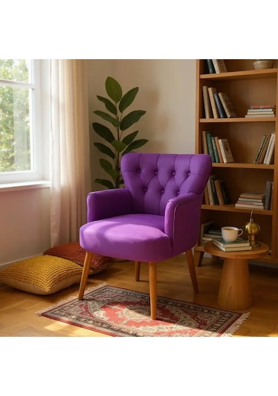 Waterybrook Tekli Berjer Koltuk - Kapitoneli Babyface Kumaş - Ceviz Ahşap Ayaklı - Retro Modern Tasarım Mor