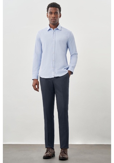 İmza Mavi Uzun Kollu Sert Yaka Cepsiz Pamuklu Likralı Klasik Slim Fit Dar Kesim Gömlek 1004245234 Mavi