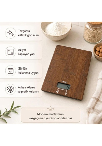 Dijital Mutfak Terazisi 5 Kg Kapasiteli 1 Gr Hassasiyetli Akasya Dikdörtgen 14x20 Cm Çok Renkli