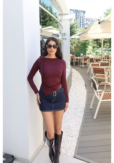 Kechi Woman Omuz Bağlamalı Asimetrik Kesim Bluz Bordo