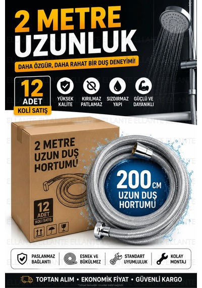12 Adet 2 Metre Duş Hortumu Koli Satışı Paslanmaz Bağlantılı Kırılmaz Sızdırmaz Standart 1/2 Çok Renkli