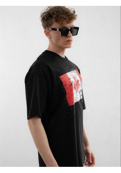 Flood Of Style Erkek Siyah Kanada Baskılı Oversize Bisiklet Yaka T-shirt