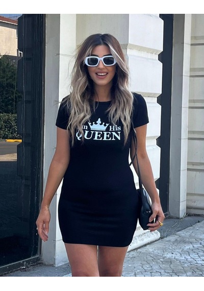 Drgy Giyim Kadın Kısa Kollu Queen Baskı Iki Iplik Mini Elbise Siyah