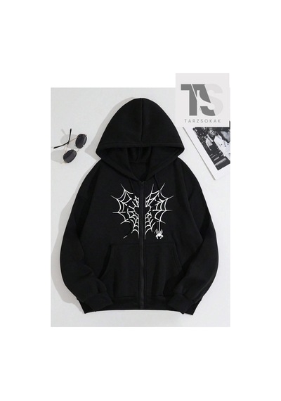 Tarzsokak Kalp Ağ Minimal Örümcek Sweatshirt Fermuarlı Hırka Siyah