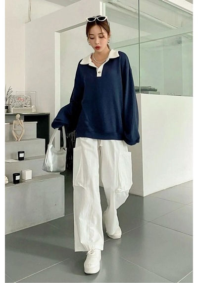 Nimas Kadın Oversize Polo Yaka 3 İplik Şardonlu Sweatshirt Lacivert - 675774194 Lacivert