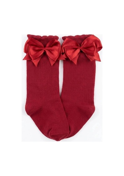Cocole Socks Kız Çocuk Aksesuarlı Dizaltı Çorabı Tekli Pamuklu Düz Kırmızı Fiyonklu