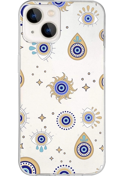 Apple Uyumlu iPhone 13 İle 1mm Slim Fit Nazar Boncuğu 5 Baskılı Şeffaf Kılıf