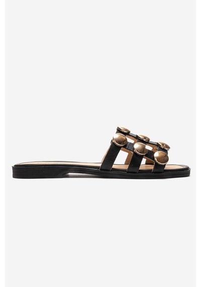 Luvishoes Bareon Siyah Cilt Hakiki Deri Bantlı Altın Tokalı Kadın Terlik
