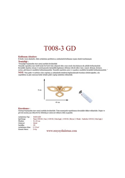 Eray Aydınlatma T008-3 Gold Kumandalı Led Avize Gold