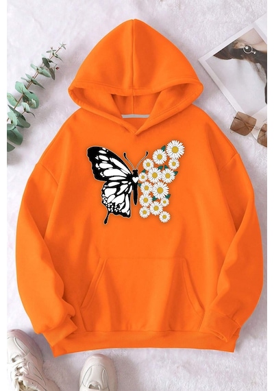 Papatya Kelebek Baskılı Oversize Sweatshirt Turuncu