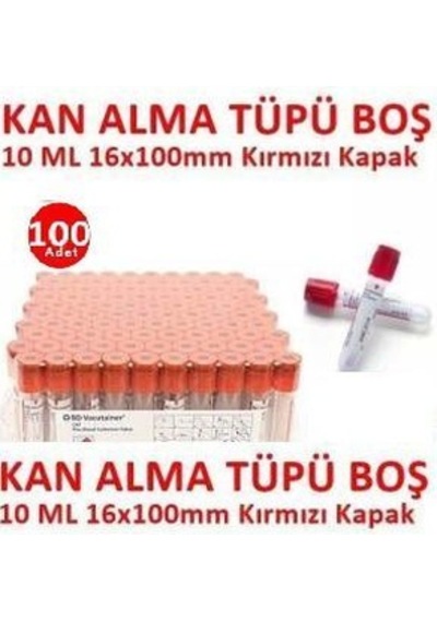 100 Adet Kan Alma Tüpü, Kırmızı Kapak, Serum Tüpü 10ml 16x100mm,