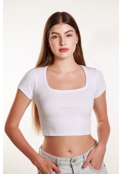 Mea Capio Kadın Fitilli Crop Kare Yaka Fitilli Kısa Kollu T-shirt Atlet Beyaz