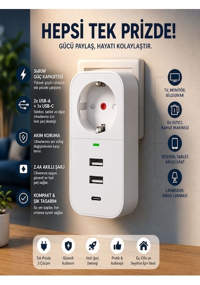 Termal Akım Korumalı Çoklayıcı Priz 2 USB-A 1 PD Type-C 1 Soket 3680W Güvenli