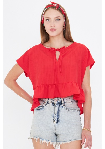 Armonika Kadın Açık Kırmızı Yarasa Kol Yakası Bağlamalı Eteği Fırfırlı Oversize Crop Bluz Arm-24y001088 Armonika Kadın Açık Kırmızı Yarasa Kol Yakası Bağlamalı Eteği Fırfırlı Oversize Crop Bluz Arm-24y001088