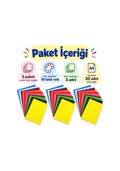 30 Adet A4 Renkli Elişi Kağıdı 10 Farklı Canlı Renk, Her Renkten 3 Adet 21 X 29,7 Cm 80 Gr Kesme, Katlama, Hobi, Okul Ve Sanat Etkinlikleri İçin