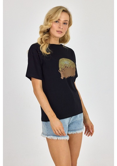 Yapay Zeka Tasarım Dijital Özel Baskılı %100 Pamuklu Penye Regular Fit T-shirt SIYAH
