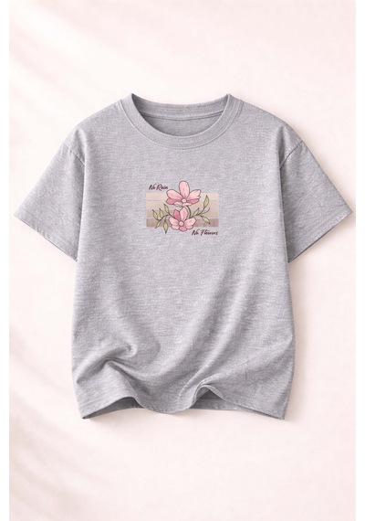 Herkesemoda No Rain No Flowers Baskı Detaylı Kadın Bisiklet Yaka Pamuklu T-shirt Gri