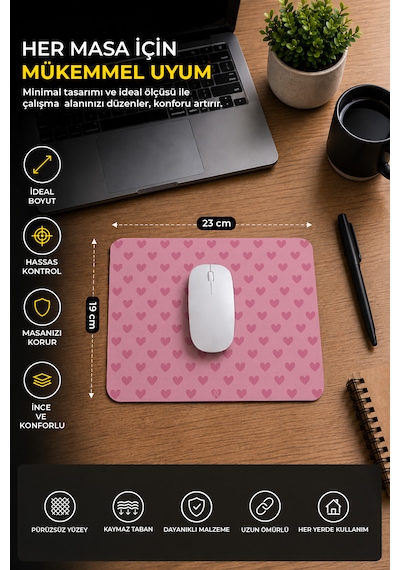 Pembe Renkli Kalpli Desenli Ergonomik Mouse Pad, Kaymaz Yüzey İle Ev Ve Ofis Kullanımı İçin İdeal 230x190x2mm