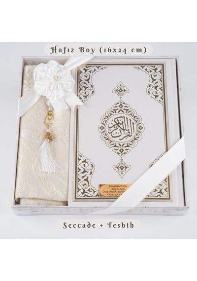 Kuran + Seccade + Tesbih Hediye Seti Hafız Boy, Ekonomik Cilt, Desenli Kutu, Beyaz