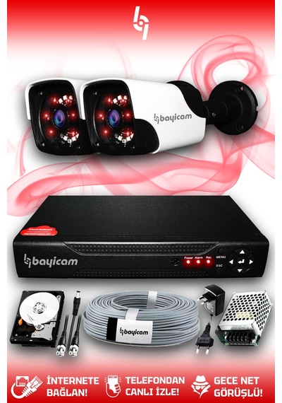 Bayicam 2 Kameralı Panda 2 Dış Kamera Set 100 GB HDD Full HD Gece Görüşlü Güvenlik Kamerası Sistemi