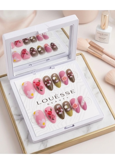 Louésse Cherry Bloom Takma Tırnak 12 Li Çiçek Desenli Pembe Kahve Soft Nail