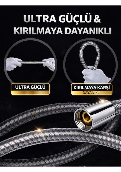 150 Cm Çelik Örgülü Duş Hortumu 1/2 Bağlantı 360 Kırılmaz Paslanmaz Gri