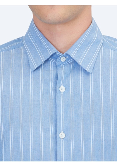 Kip Açık Mavi Çizgili Regular Fit Uzun Dokuma Casual %100 Pamuk Gömlek