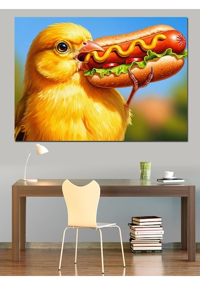 Ahşap Tablo Hot Dog Yiyen Sarı Civciv Figürü