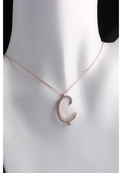 Omar Silver Kadın Büyük Boy Ç Harf Kolye Zirkon Taşlı Rose Gümüş