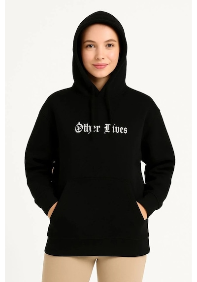 Tarz Yeri Kadın Kapüşonlu Kanguru Cepli Sweatshirt 3 İplik Pamuklu Baskılı Hoodie - Siyah