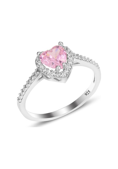 Gümüş Rodyumlu Pembe Taşlı Pırlanta Montürlü Kalp Modeli Üçlü Set Barcode Beyaz