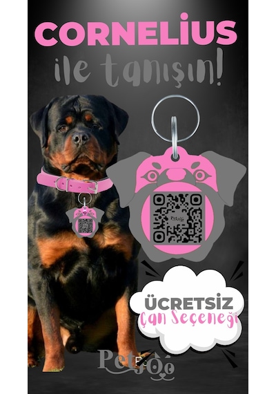 Petjoo 20.Cornelius Gri-Pembe Qr'lı Köpek Künyesi