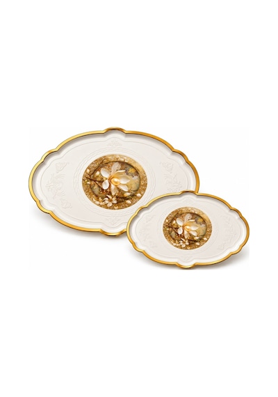 2 Li Büyük Boy Gold Dekoratif Sunum Tepsisi Seti 48x38 / 36x27,5 Cm Kalın Dayanıklı Plastik Çay Kahve Servis İkram Tepsisi 5 Farklı Model Bej