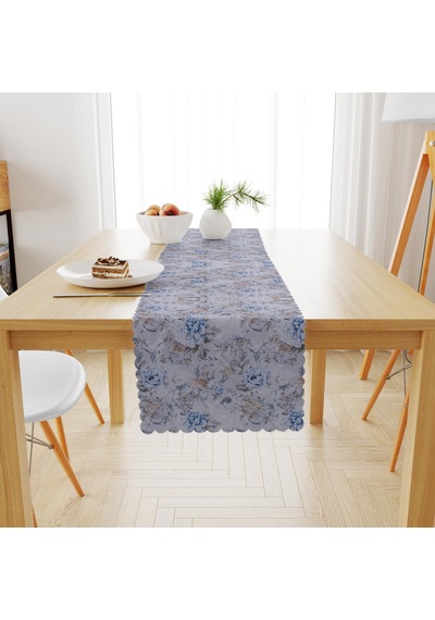 Gül Desenli Mavi Sütlü Kahve Kadife Dokulu Runner 40x180