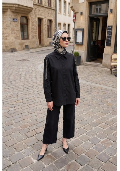 Armine Trend Kolları Taş Detaylı Bluz Gömlek Siyah 25kt301