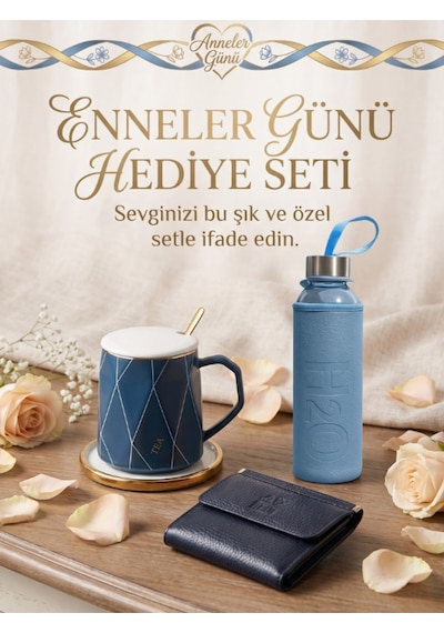 Deerderi Hakiki Deri Cüzdan, Kupa Ve Kılıflı Matara Seti Lacivert