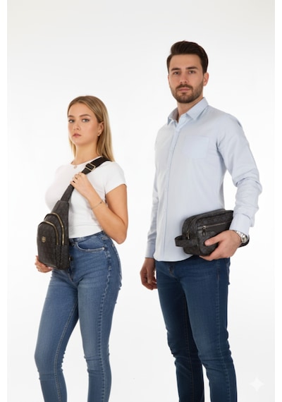 Newish Polo Vegan Deri Trendy Desenli Siyah Erkek El Çantası Ve Kadın Çapraz Omuz Göğüs Çantası Seti Hediye Seti Siyah