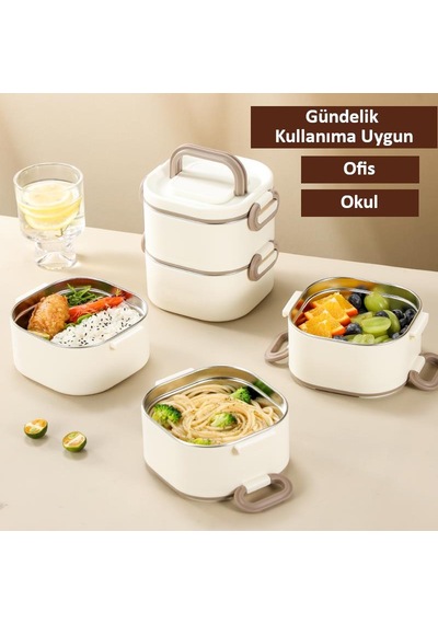 Valkyrie 1300 Ml 2 Katlı Paslanmaz Çelik Yemek Kabı Termal Taşıma Çantalı, Sızdırmaz, Bpa İçermez Krem