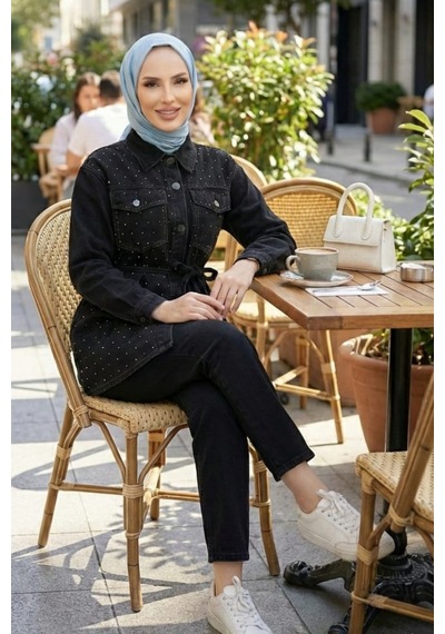 Hb Harma Time Butik Kadın Taş İşlemeli Kot Siyah Tunik Pantolon İkili Takım Siyah Siyah
