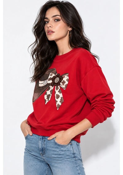 Mevese Kadın Taş İşlemeli Fiyonk Baskı Oversize Üç İplik Rahat Kesim Sweatshirt - Kırmızı