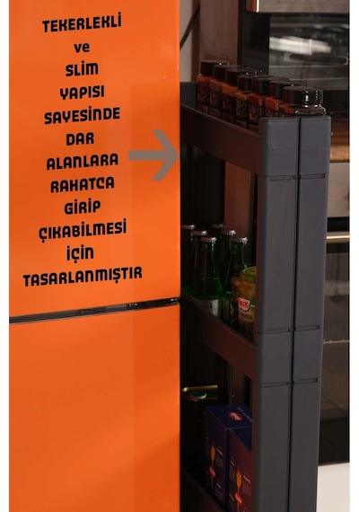 Mote 4 Katlı Çok Amaçlı Tekerlekli Raf Plastik Raf Mutfak Rafı Banyo Rafı Portatif Raf Antrasit