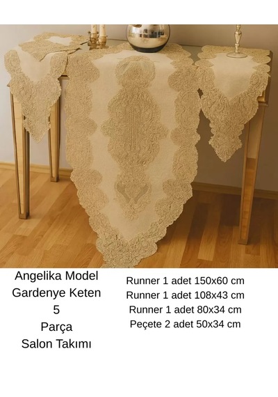 Cekihome Angelika Model 236 Simli Gold 5 Parça Keten Dantelli Masa Örtüsü Runner Seti