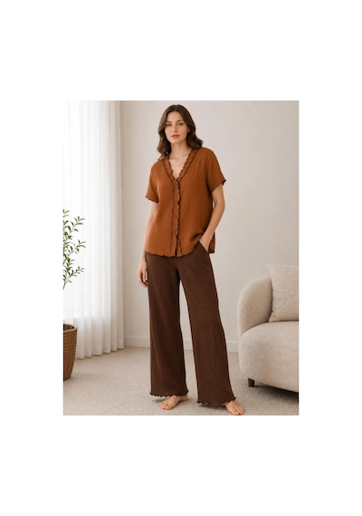 Pijamask Kadın Kısa Kollu Pamuklu Pijama Takım Kahverengi
