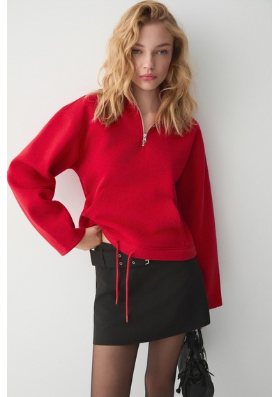 ETHIQUET BE AGIO Kadın Organik Pamuklı Kanguru Cepli Yakası Fermuarlı Kırmızı Sweatshirt