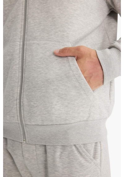 Defacto - Relax Fit Kapüşonlu İçi Yumuşak Tüylü Basic Düz Cepli Kalın Fermuarlı Sweatshirt D7599AX25SP Gri